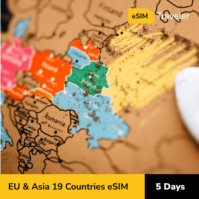 EU & Asia 19 Countries eSIM card for travel - 5Days | 1-30GB Data Plans-eSIM Traveler