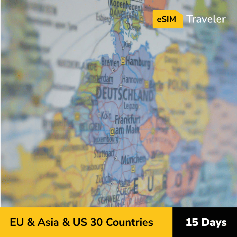 EU & Asia & US 30 Countries eSIM card for travel - 15Days | 1-30GB Data Plans-eSIM Traveler