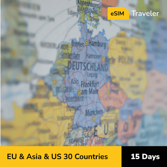 EU & Asia & US 30 Countries eSIM card for travel - 15Days | 1-30GB Data Plans-eSIM Traveler