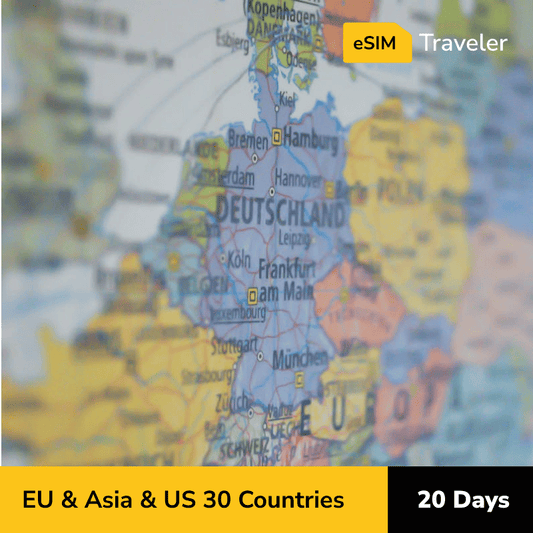 EU & Asia & US 30 Countries eSIM card for travel - 20Days | 1-30GB Data Plans-eSIM Traveler