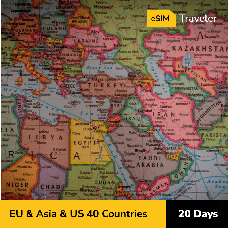 EU & Asia & US 40 Countries eSIM card for travel - 20Days | 1-30GB Data Plans-eSIM Traveler