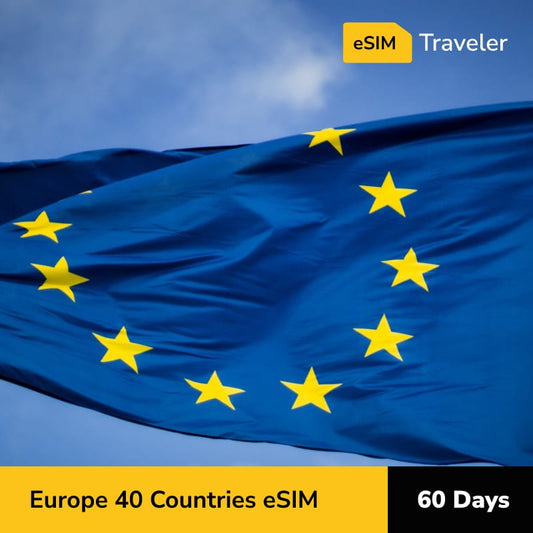 Europe 40 Countries eSIM card for travel - 60Days | 1-30GB Data Plans-eSIM Traveler